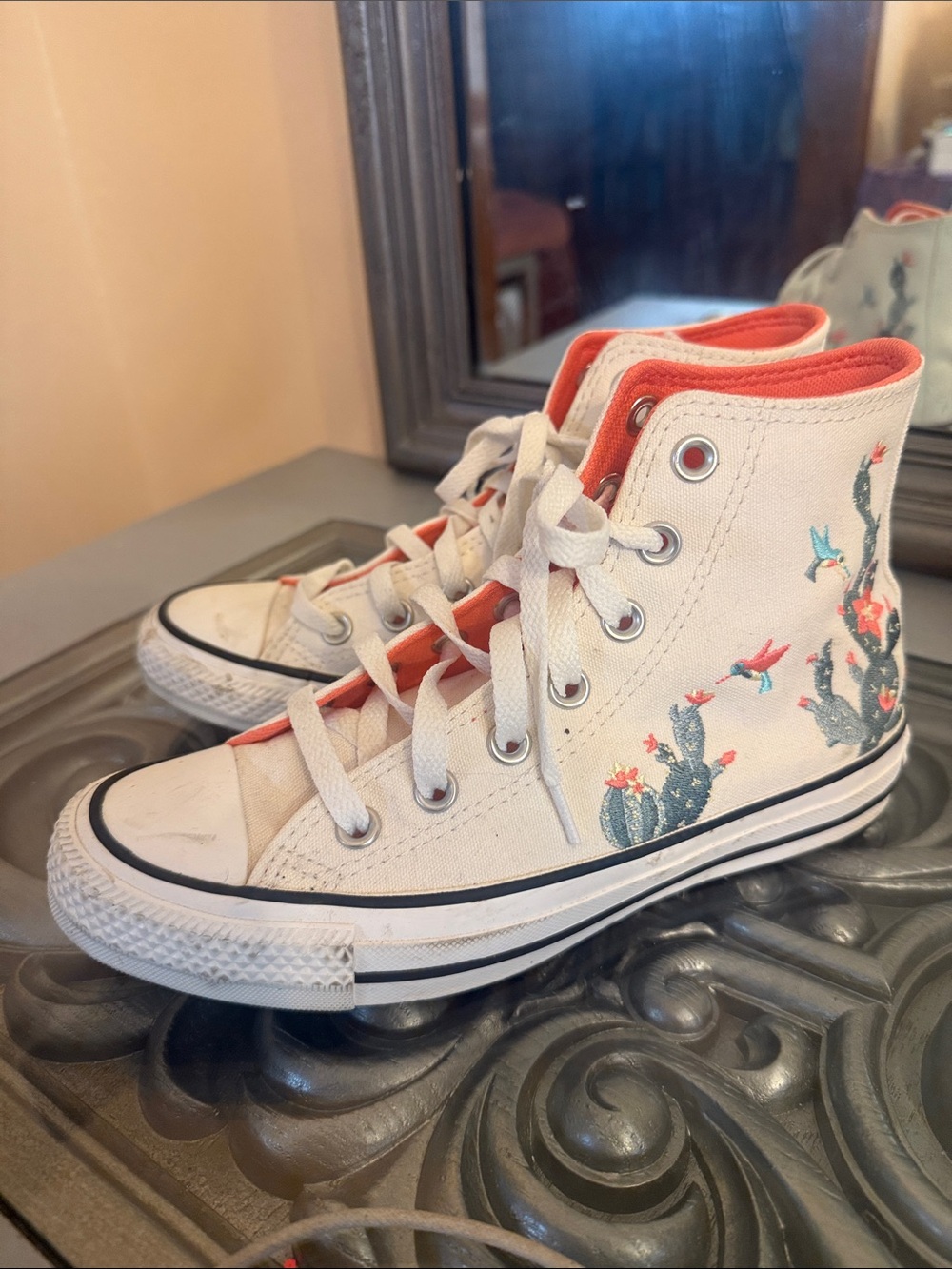 Converse 6 High-Top Sneakers with Cactus Embroidery Hummingbird and Coral Lining